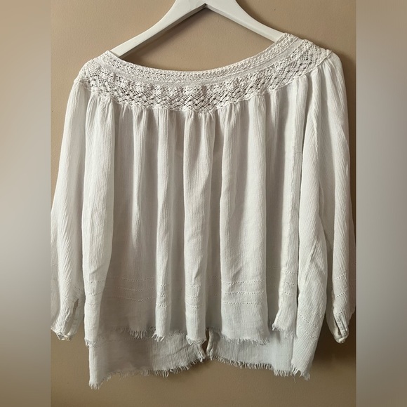 FP one lace trim eyelet frayed distressed gauze sheer button blouse xs/s boho - Picture 10 of 11
